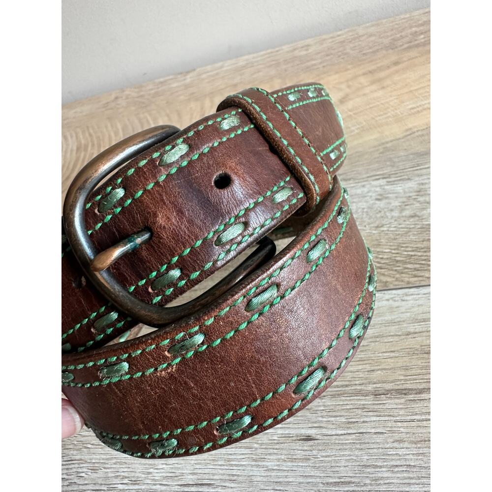 American Eagle Vintage Leather and Green Contrast Stitch Belt Brown S - Picture 2 of 11
